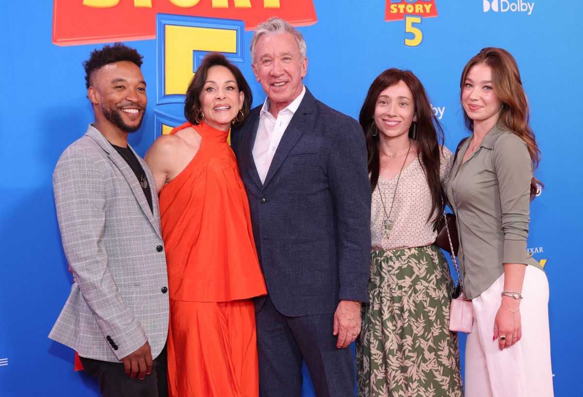 US actor Tim Allen (C), his wife Jane Hajduk, daughters Elizabeth Allen Dick (R), Katherine Allen (2R) and her husband singer Divighn (L) attend Disney and Pixar's "Toy Story 5" premiere at the Dolby Theatre in Los Angeles on June 9, 2026. (Photo by VALERIE MACON / AFP)