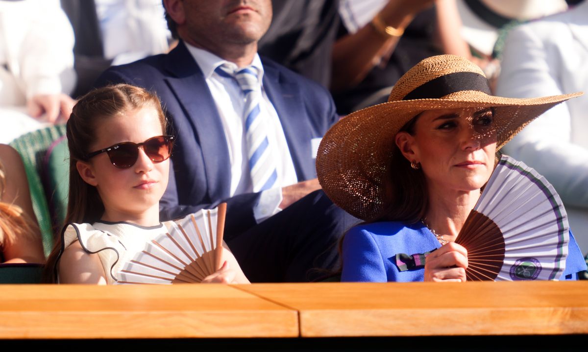 The Princess of Wales and Princess Charlotte in the Royal Box on day fourteen of the 2025 Wimbledon Championships at the All England Lawn Tennis and Croquet Club, London. Picture date: Sunday July 13, 2025. princess of wales kate middleton catherine