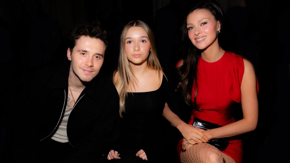Brooklyn Beckham, Harper Beckham, and Nicola Peltz Beckham at Victoria Beckham RTW Fall 2024 as part of Paris Ready to Wear Fashion Week held at Hôtel Salomon de Rothschild on March 1, 2024 in Paris, France. (Photo by Lodovico Colli di Felizzano/WWD via Getty Images)