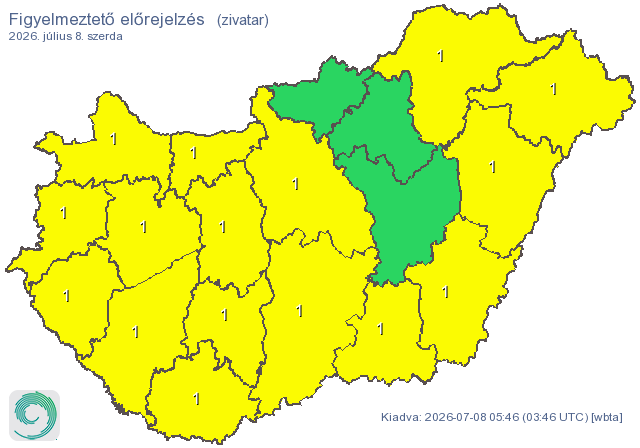 Szerdai időjárás: két megye kivételével mindenhol figyelmeztetés van érvényben