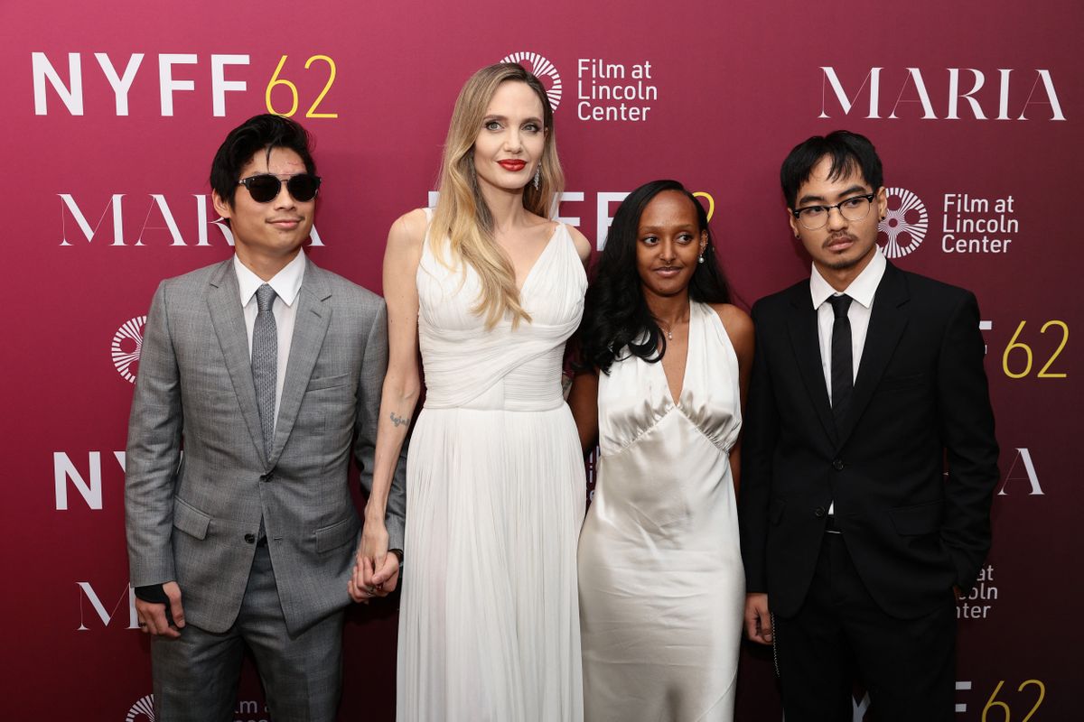 NEW YORK, NEW YORK - SEPTEMBER 29: (L-R) Pax Thien Jolie-Pitt, Angelina Jolie, Zahara Marley Jolie and Maddox Chivan Jolie-Pitt attend the "Maria" screening during the 62nd New York Film Festival at Alice Tully Hall, Lincoln Center on September 29, 2024 in New York City.   Dimitrios Kambouris/Getty Images for FLC/AFP (Photo by Dimitrios Kambouris / GETTY IMAGES NORTH AMERICA / Getty Images via AFP)