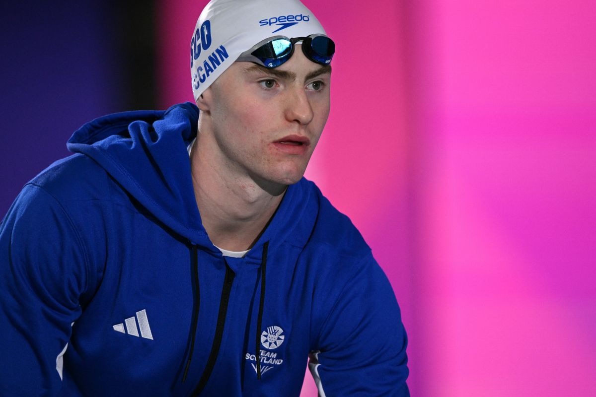 Scotland's Sean McCann prepares to compete in the Men's 400m Freestyle Final during the swimming event at the Tollcross International Swimming Centre in Glasgow, on day two of the Commonwealth Games in Glasgow, Scotland, on July 25, 2026. (Photo by Oli SCARFF / AFP)