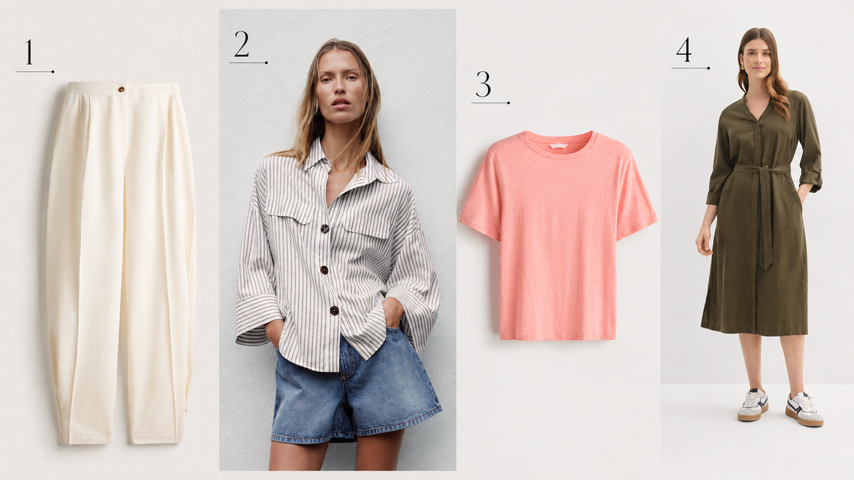 1. Len ballonnadrág - H&M 15.995 Ft; 2. Len ing - Zara 10.995 Ft; 3. Lenkeverék póló - H&M 5895 Ft; 4. Zöld lenruha - Bonprix 7490 Ft
