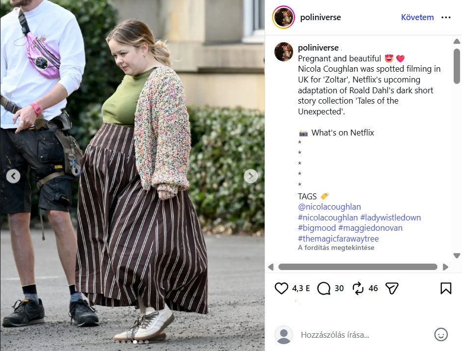 Nicola Coughlan nagy pocakkal új filmjének forgatásán