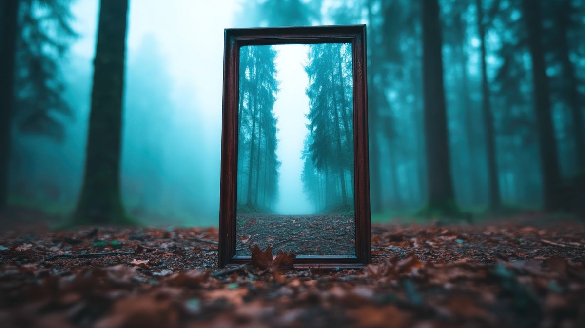 A dark picture frame stands upright on forest floor covered with leaves