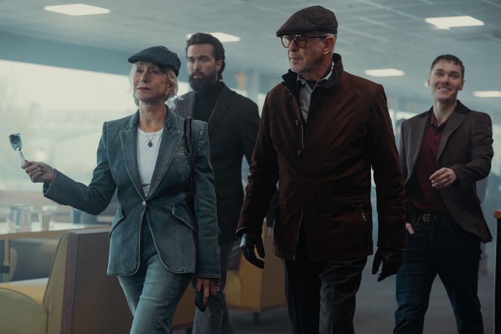 L-R Helen Mirren as Maeve Harrigan, Emmett J Scanlan as Paul, Pierce Brosnan as Conrad Harrigan and Jack Archer as Fergus In MobLand, season 2, streaming on Paramount+, 2026. Photo Credit: Luke Varley/Paramount+
