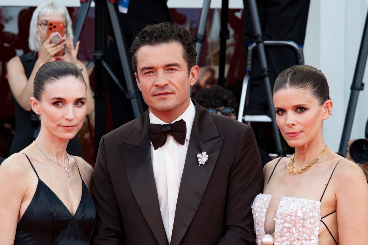 Rooney Mara, Kate Mara and Orlando Bloom pose on the red carpet for the film ''Bucking Fastard'' at the Venice International Film Festival in Venice, on September 3, 2026. (Photo by Lucrezia Granzetti/NurPhoto) (Photo by Lucrezia Granzetti / NurPhoto via AFP)