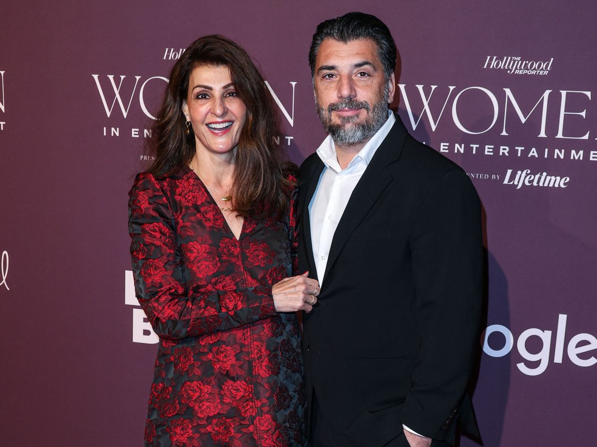 Canadian actress and screenwriter Nia Vardalos and Spiros Katsagans arrive at The Hollywood Reporter's Women In Entertainment Gala 2023 presented by Lifetime held at The Beverly Hills Hotel on December 7, 2023 in Beverly Hills, Los Angeles, California, United States. (Photo by Xavier Collin/Image Press Agency/NurPhoto) (Photo by Image Press Agency / NurPhoto via AFP)