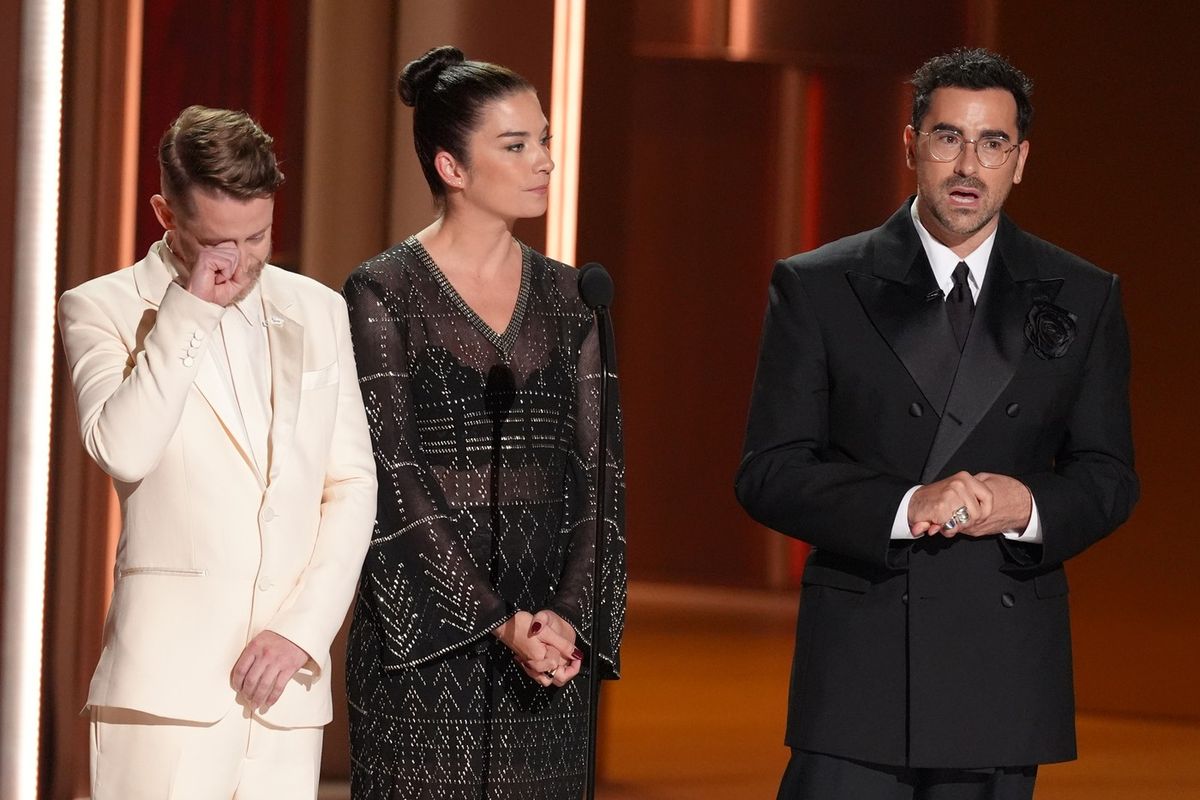 Macaulay Culkin, from left, Annie Murphy, and Dan Levy pay tribute to Catherine O'Hara during the 78th Emmy Awards on Monday, Sept. 14, 2026, at the Peacock Theater in Los Angeles.,Image: 1134717143, License: Rights-managed, Restrictions: This content is intended for editorial use only. For other uses, additional clearances may be required., Model Release: no , Pictured: Annie Murphy,Catherine O'Hara,Dan Levy,Macaulay Culkin