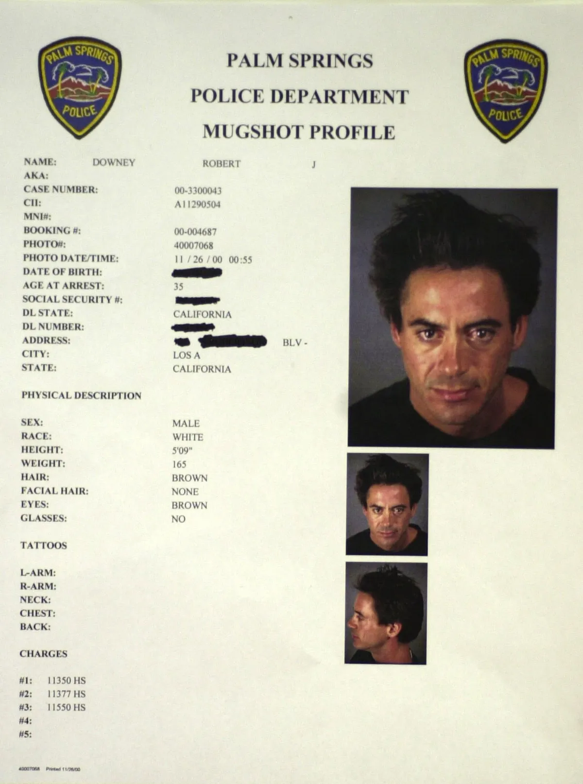 382412 03: Robert Downey Jr. is shown in a mugshot profile November 25, 2000, after his arrest at the Merv Griffin Resort in Palm Springs, Calif. for drug possession. An anonymous caller led investigators to a hotel room at the resort where they found the actor alone with cocaine and methamphetamines, Palm Springs police officer Ralph Landry said. (Newsmakers Photo/Palm Springs Police Department).