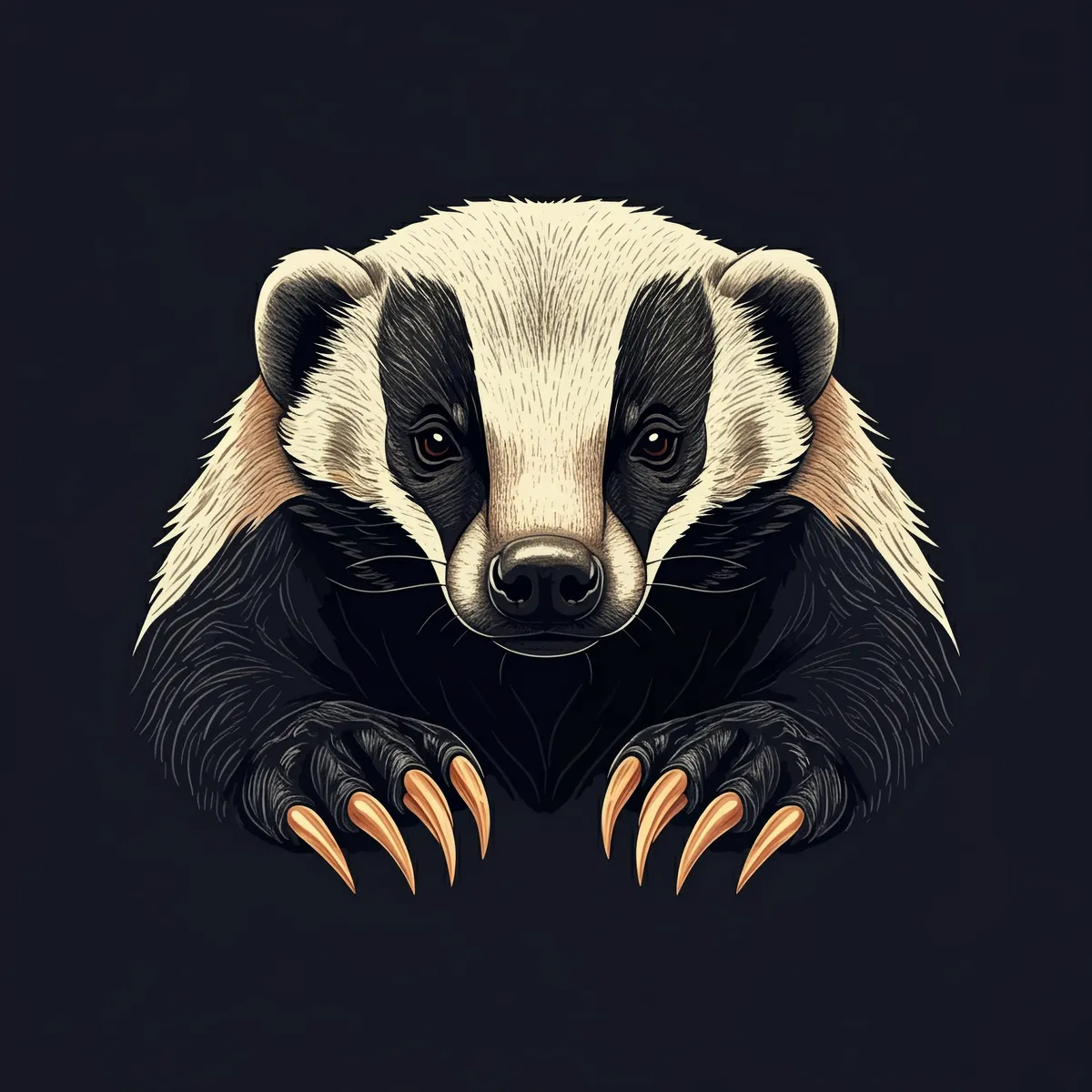 Vintage boho artistic image of honey badger with claws facing front close mouth