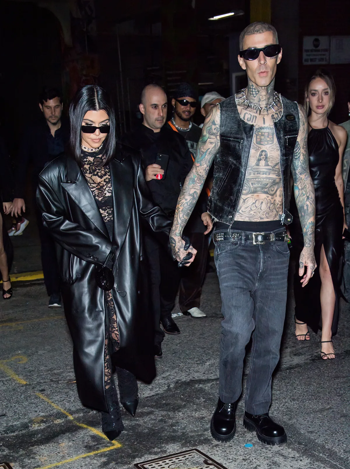 NEW YORK, NEW YORK - SEPTEMBER 13: Kourtney Kardashian and Travis Barker are seen arriving to the Boohoo X Kourtney Kardashian fashion show during New York Fashion Week on the High Line on September 13, 2022 in New York City. (Photo by Gilbert Carrasquillo/GC Images)