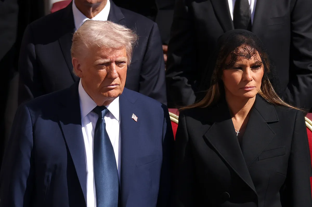 VATICAN CITY, VATICAN - APRIL&nbsp;26: US President Donald Trump and US First Lady Melania Trump arrive at the funeral of Pope Francis in St. Peter’s Square on April 26, 2025 in Vatican City, Vatican. Pope Francis died on April 21st at the age of 88. Born in Argentina as Jorge Mario Bergoglio, he was the first Latin American and the first Jesuit to become Pope when elected in 2013. Taking the name Francis after St Francis of Assisi, he promoted a more humble version of the papacy than many of his predecessors. He will be buried outside of the Vatican in a simple wooden coffin at the Basilica Santa Maria Maggiore.  (Photo by Dan Kitwood/Getty Images)