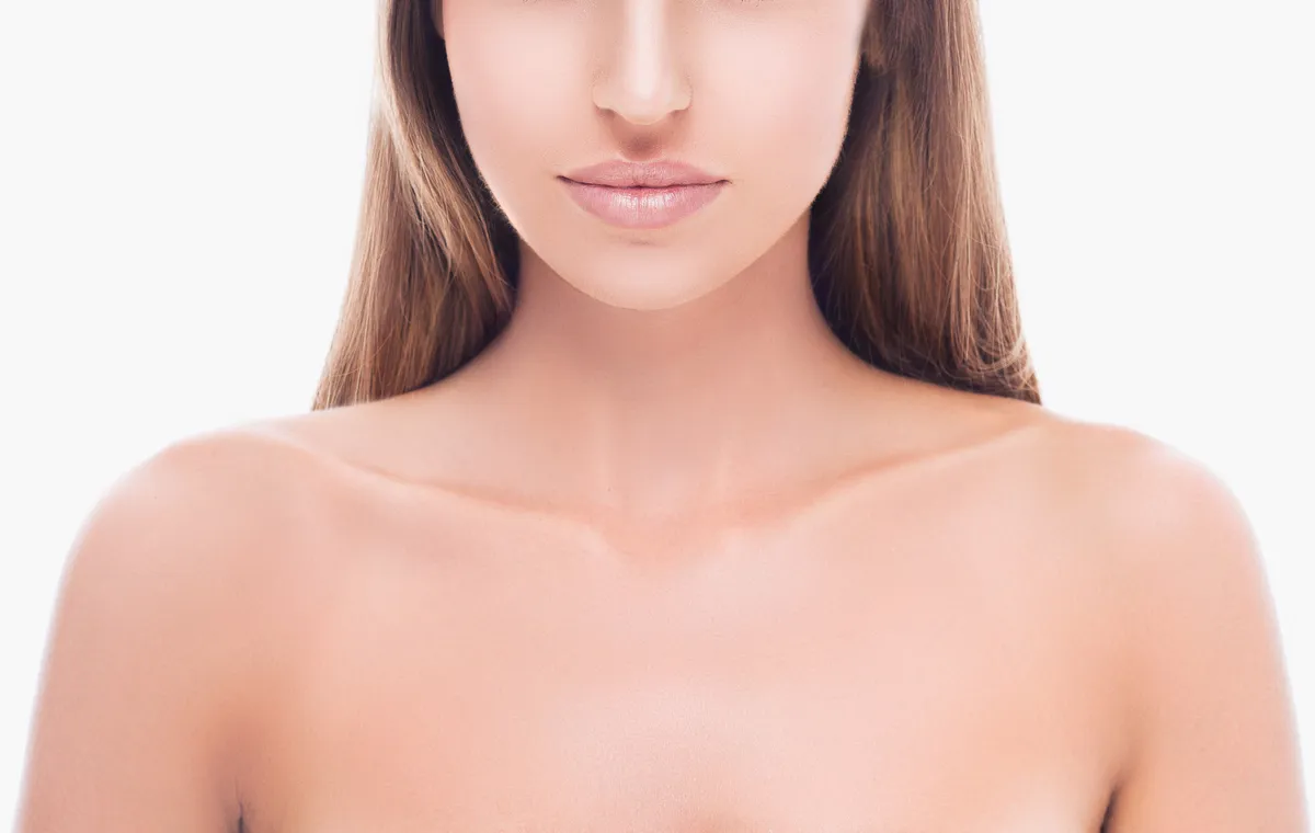 Woman neck shoulder lips nose