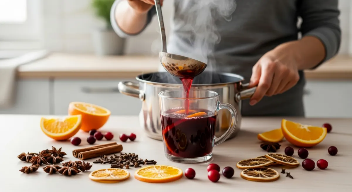 Hands pouring steaming mulled wine from a pot into a mug, surrounded by oranges, star anise, and winter spices.