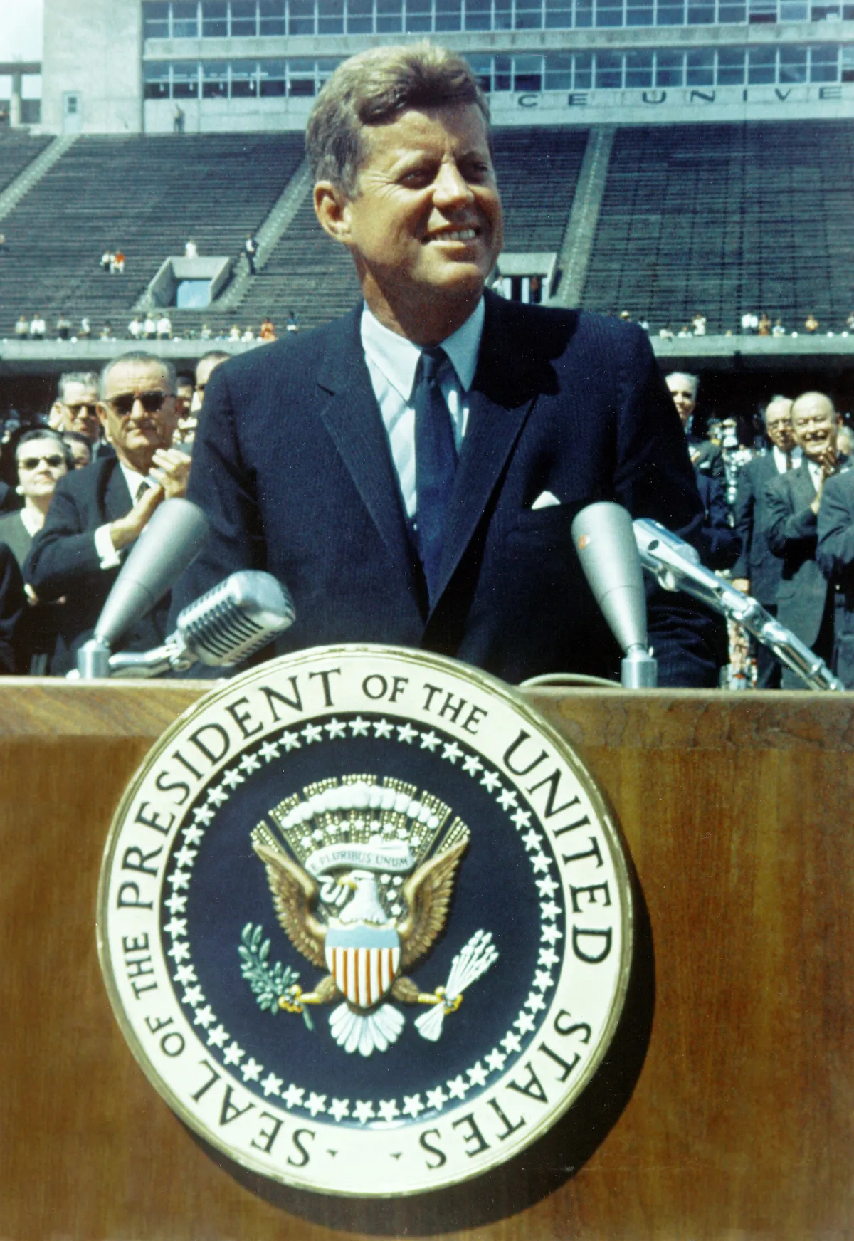 John F Kennedy, 35th President of the United States of America (1961-1963) spaking on travel to the Moon, Rice University Stadium 12 September 1962
World History Archive
John F Kennedy (1917-1963) (Photo by Ann Ronan Picture Library / Photo12 via AFP)