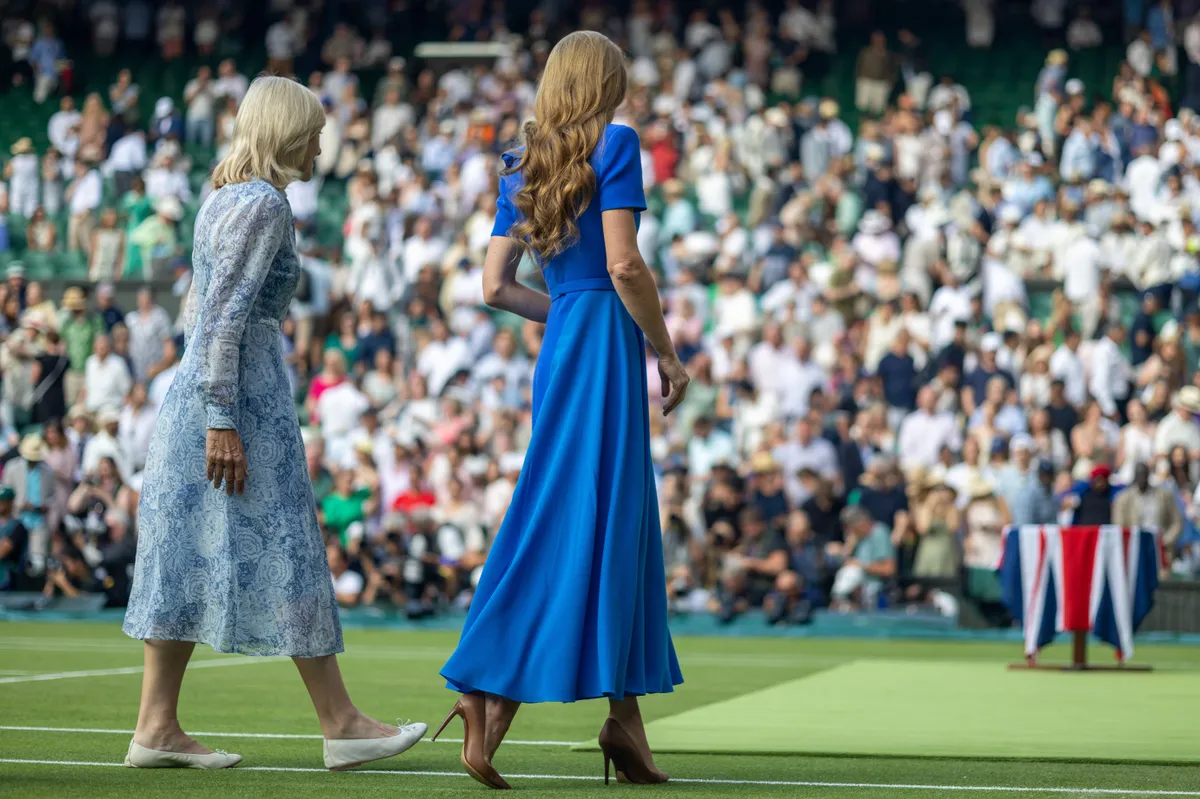 LONDON, ENGLAND - JULY 13: Catherine, Princess of Wales at the presentation ceremony of the Gentlemen's Singles Final on Centre Court during the Wimbledon Lawn Tennis Championships at the All England Lawn Tennis and Croquet Club at Wimbledon on July 13th, 2025, in London, England. (Photo by Tim Clayton/Getty Images)