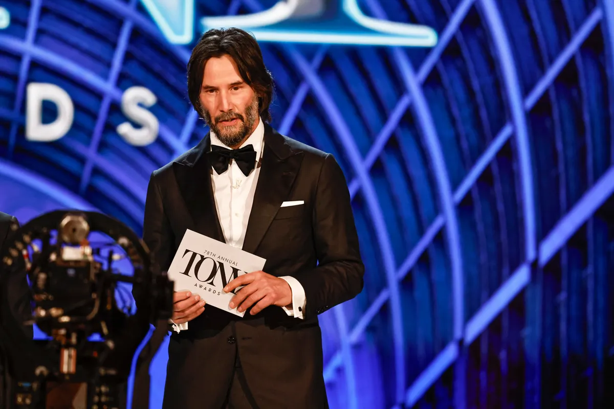 NEW YORK - JUNE 8: Keanu Reeves presenst the Lead Actress in a Play award at THE TONY AWARDS: ACT ONE from the legendary Radio City Music Hall in New York City on Sunday, June 8 (6:40 PM LIVE ET/3:40 PM LIVE PT) streaming free exclusively on PlutoTV.(Photo by Michele CroweCBS via Getty Images)