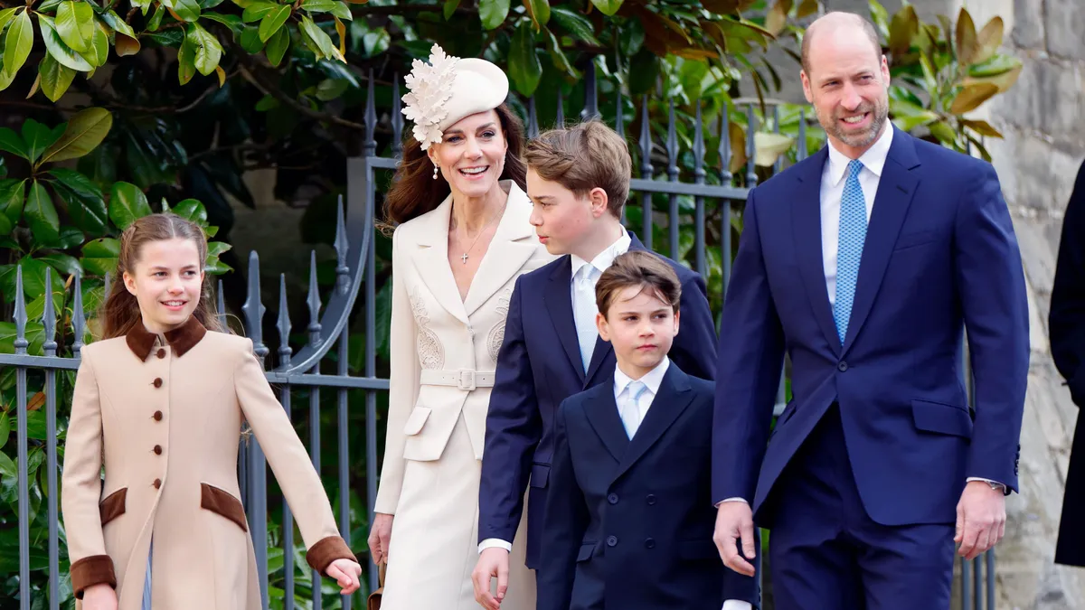 WINDSOR, ENGLAND - APRIL 05: (EMBARGOED FOR PUBLICATION IN UK NEWSPAPERS UNTIL 24 HOURS AFTER CREATE DATE AND TIME) Princess Charlotte of Wales, Catherine, Princess of Wales, Prince George of Wales, Prince Louis of Wales, and Prince William, Prince of Wales attend the traditional Easter Sunday Mattins Service at St George's Chapel, Windsor Castle on April 5, 2026 in Windsor, England. (Photo by Max Mumby/Indigo/Getty Images)