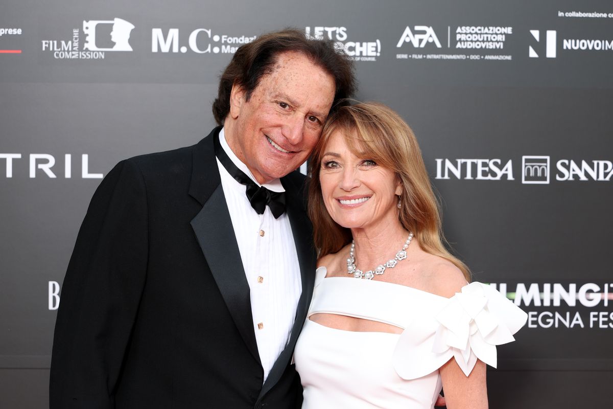 SANTA MARGHERITA DI PULA, ITALY - JUNE 19: John Zambetti and Jane Seymour attend the Filming Italy 2025 red carpet at Forte Village Resort on June 19, 2025 in Santa Margherita di Pula, Italy. (Photo by Daniele Venturelli/Getty Images)