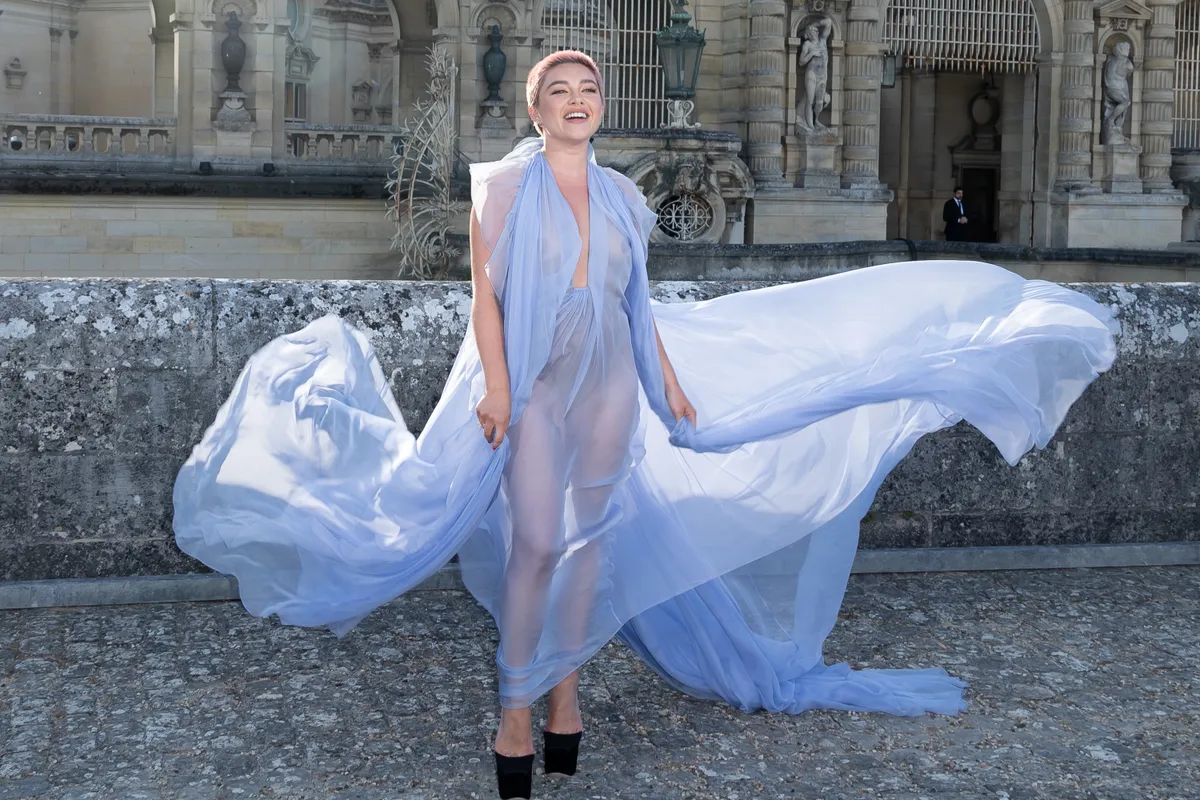 CHANTILLY, FRANCE - JULY 05: (EDITORIAL USE ONLY - For Non-Editorial use please seek approval from Fashion House) (EDITOR'S NOTE: Image contains nudity) Florence Pugh attends the Valentino Haute Couture Fall/Winter 2023/2024 show as part of Paris Fashion Week at Chateau de Chantilly on July 05, 2023 in Chantilly, France. (Photo by Marc Piasecki/WireImage)