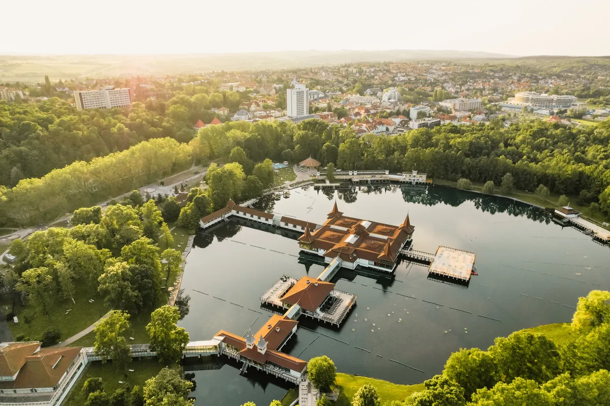 Aerial view of the famous Lake Heviz in Hungary, near the lake Balaton. The largest thermal lake in the world available to bath. Discover the beauties of Hungary.