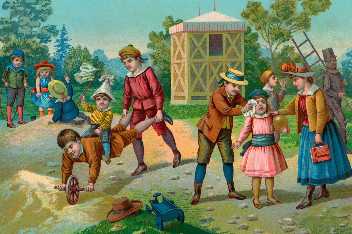 A játék, ahogy a mese is a gyerekek számára segítség az őket ért hatások feldolgozásában.  Old illustration. On this British 19th century illustration children are playing outdoors with typical toys of the time. A happy summer scene. (Photo by Sjöberg Bildbyrå/ullstein bild via Getty Images)