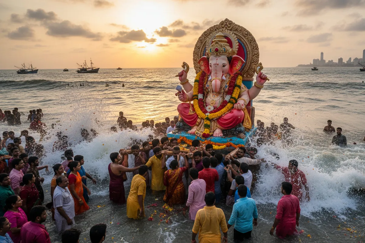 A hindu horoszkóp 12 isteni jegyre osztja az évet. Az egyik jegy Ganésa. Ezen a képen az ő bálványát viszik a tengerbe a hívők, ami a távozást és az istenekhez való visszatérést szimbolizálja.
