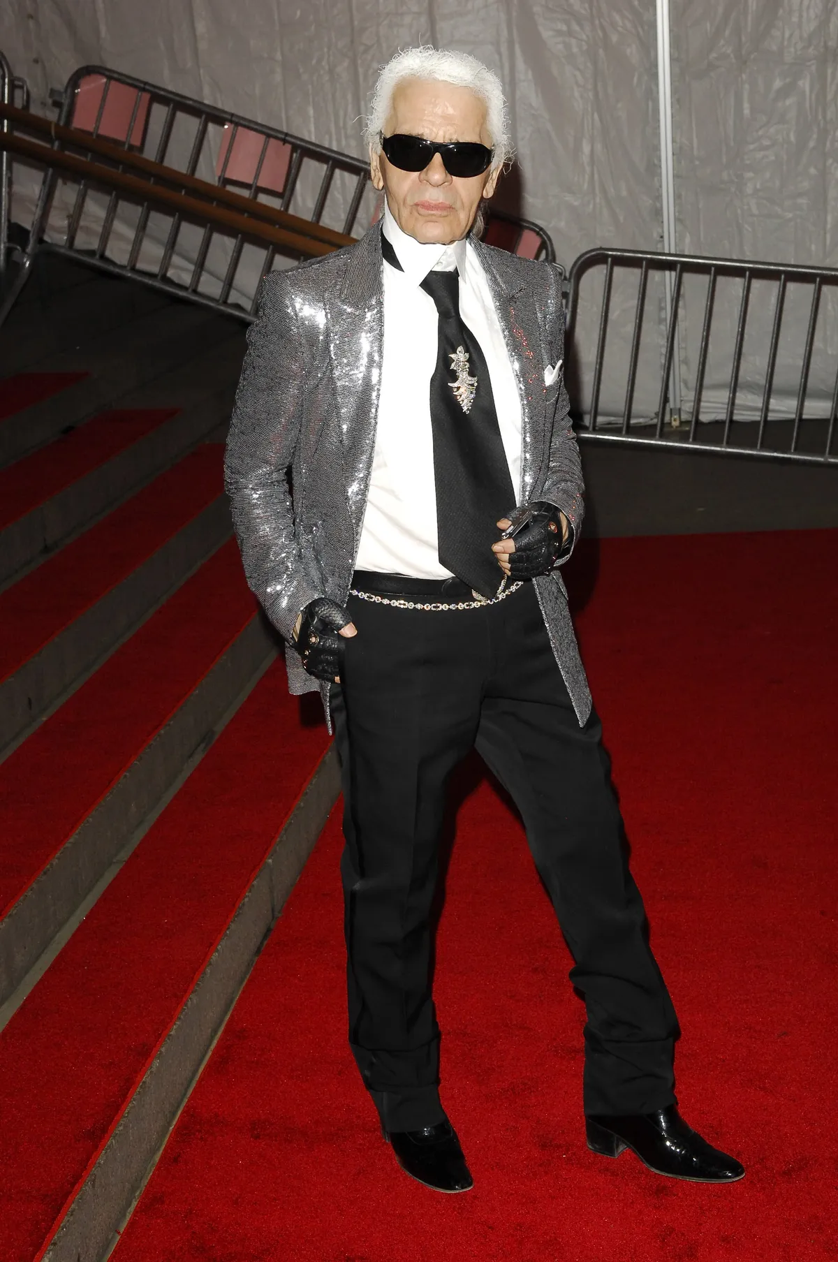 NEW YORK - MAY 05: Fashion designer Karl Lagerfeld departs from the Costume Institute Gala, Superheroes: Fashion And Fantasy, at the Metropolitan Museum of Art on May 05, 2008 in New York City. (Photo by Ray Tamarra/Getty Images)