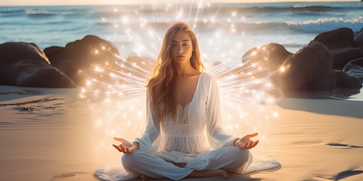 A woman in lotus pose on the beach sea or ocean coast, practicing yoga meditation and mindfulness exercises until wellness and awareness. Relaxation Magic time