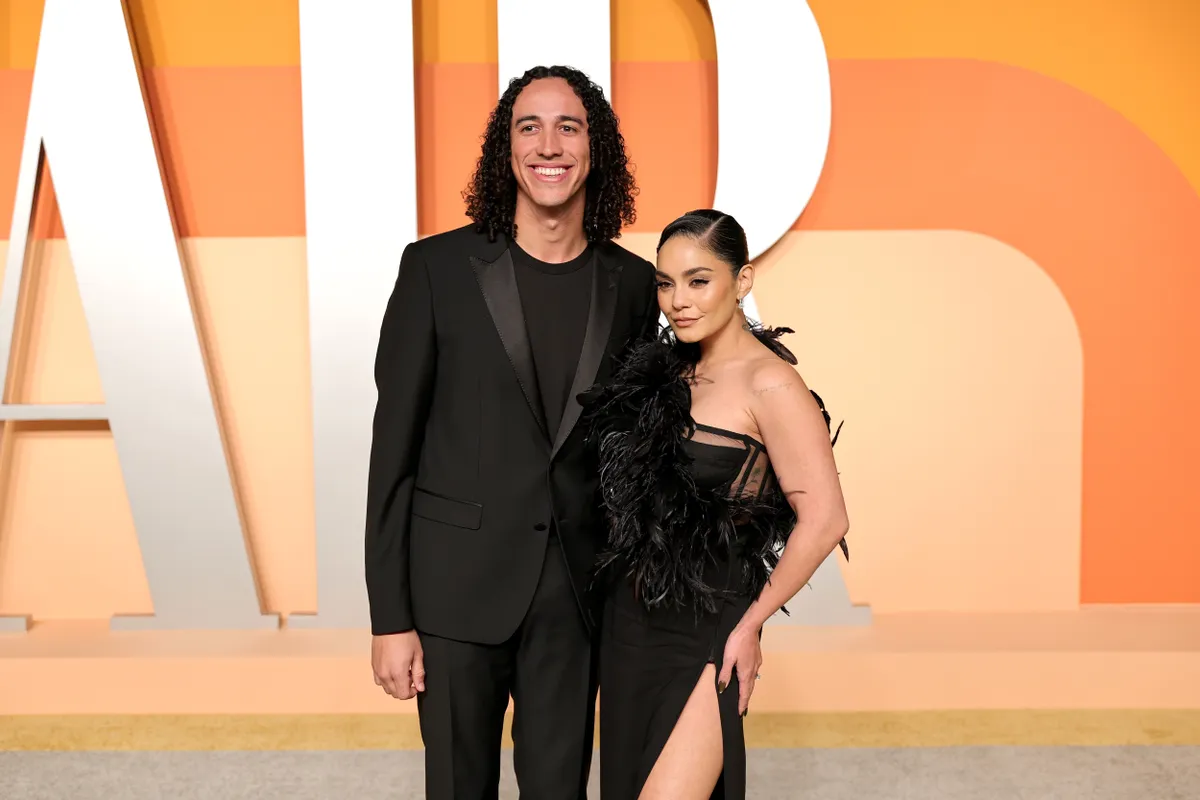 BEVERLY HILLS, CALIFORNIA - MARCH 02: (L-R) Cole Tucker and Vanessa Hudgens attend the 2025 Vanity Fair Oscar Party Hosted By Radhika Jones at Wallis Annenberg Center for the Performing Arts on March 02, 2025 in Beverly Hills, California. (Photo by Neilson Barnard/Getty Images for Vanity Fair)