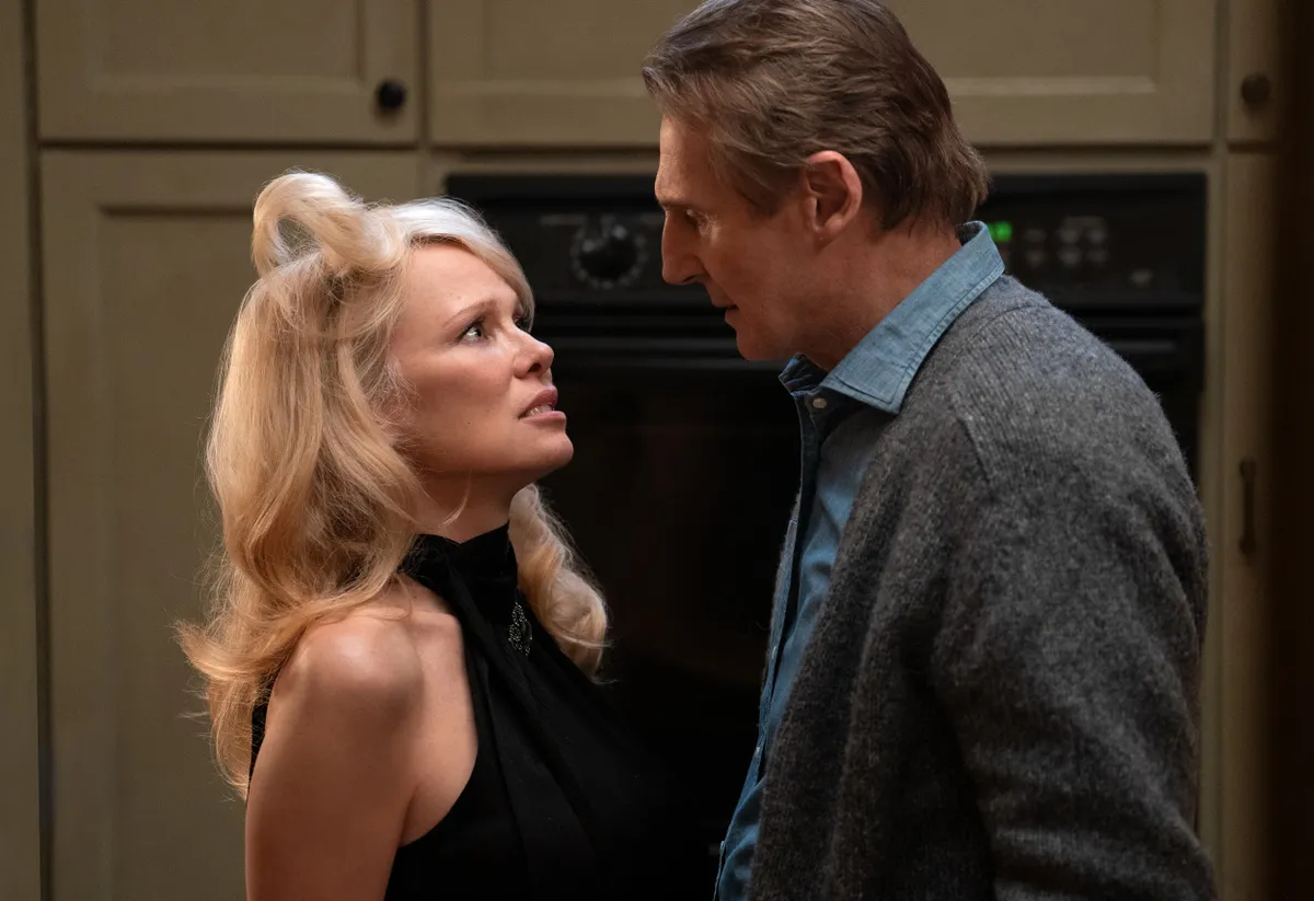 Pamela Anderson plays Beth and Liam Neeson as Frank in The Naked Gun from Paramount Pictures.