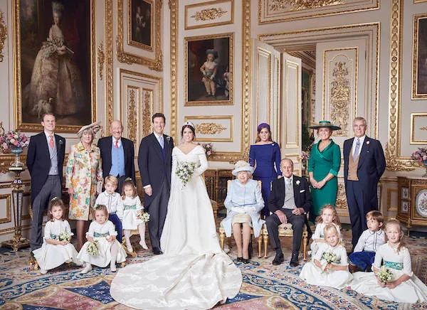ARCHIVE: 13 October 2018 - Official wedding photograph released by the Royal Communications of Princess Eugenie and Jack Brooksbank in the White Drawing Room, Windsor Castle with (left to right) Back row: Mr Thomas Brooksbank; Mrs Nicola Brooksbank; Mr George Brooksbank; Her Royal Highness Princess Beatrice of York; Sarah Ferguson, Duchess of York; His Royal Highness Prince Andrew The Duke of York. Middle row: His Royal Highness Prince George of Cambridge; Her Royal Highness Princess Charlotte of Cambridge; Her Majesty The Queen Elizabeth II; His Royal Highness Prince Philip The Duke of Edinburgh; Miss Maud Windsor; Master Louis De Givenchy; Front row: Miss Theodora Teddy Rose Williams; Miss Mia Tindall; Miss Isla Phillips; Miss Savannah Phillips. Photo Credit: Alex Bramall/ALPR/AdMedia//Z-ADMEDIA_adm_TheQueenDeadat96Archive_054/2209082259/Credit:Alex Bramall/ALPR/AdMedia/SIPA/2209082308,Image: 720763299, License: Rights-managed, Restrictions: , Model Release: no