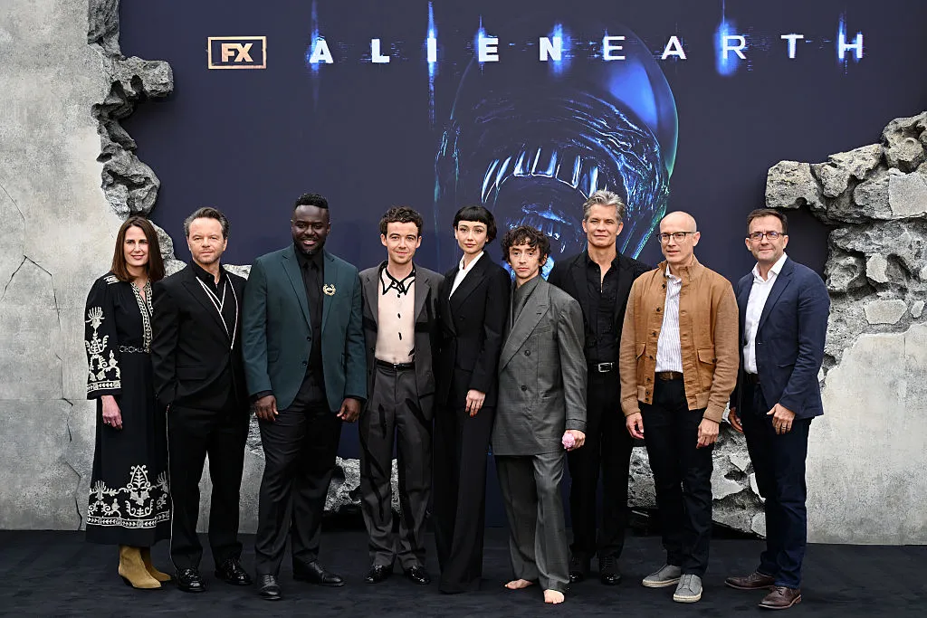 LONDON, ENGLAND - JULY 29: Gina Balian, Co-President, FX Entertainment, Noah Hawley, Babou Ceesay, Alex Lawther, Sydney Chandler, Samuel Blenkin, Timothy Olyphant, David W. Zucker and Tony Chambers, EVP, Theatrical Distribution, The Walt Disney Company attend the "Alien: Earth" European Premiere at the Barbican Centre on July 29, 2025 in London, England. (Photo by Kate Green/Getty Images)