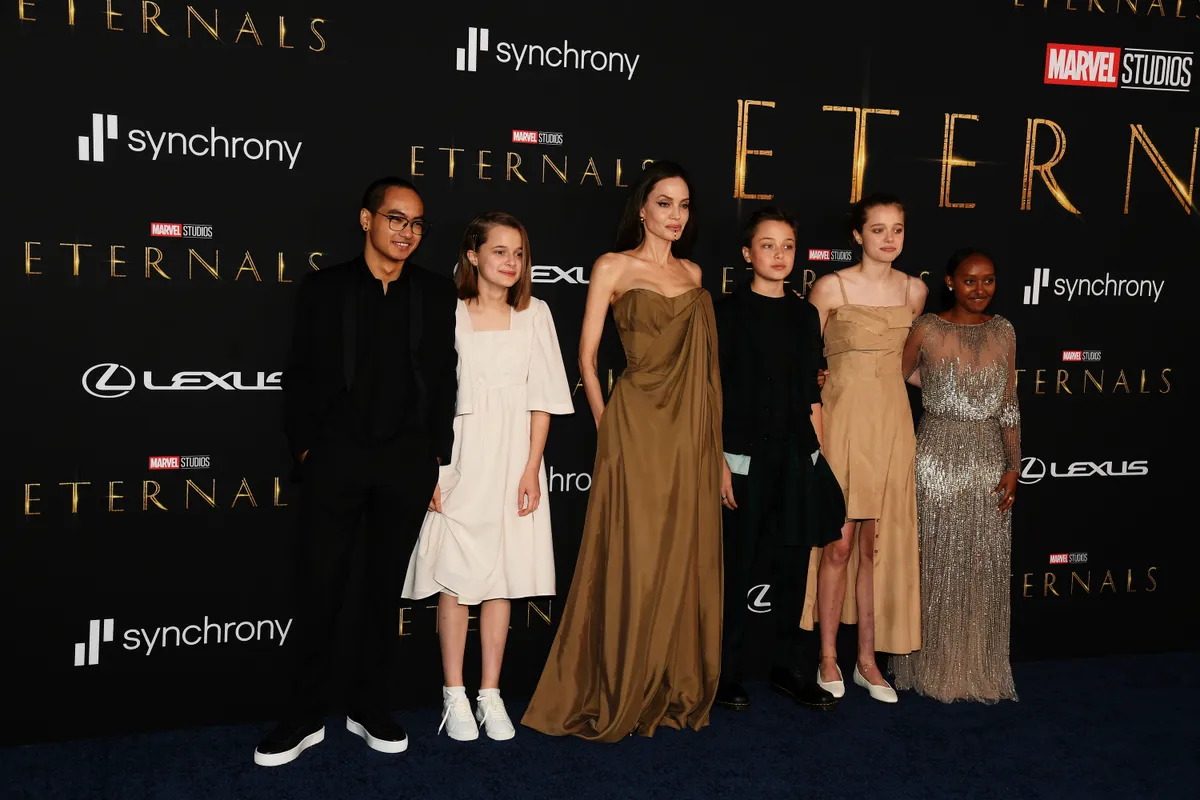 Angelina Jolie and her children (L-R) Maddox, Vivienne, Knox, Shiloh and Zahara at Marvel's 'The Eternals' Premiere at the El Capitan Theatre on October 18, 2021 in Los Angeles, California. (Photo by Michael Buckner/Variety/Penske Media via Getty Images)