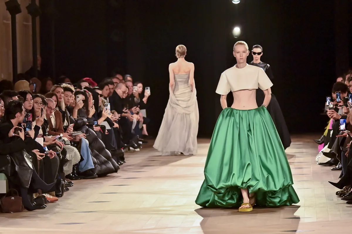 PARIS, FRANCE - OCTOBER 04: A model walks the runway during the Balenciaga Ready to Wear Spring/Summer 2026 fashion show as part of the Paris Fashion Week on October 4, 2025 in Paris, France. (Photo by Victor VIRGILE/Gamma-Rapho via Getty Images)