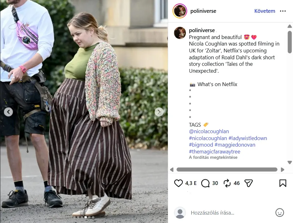 Nicola Coughlan nagy pocakkal új filmjének forgatásán