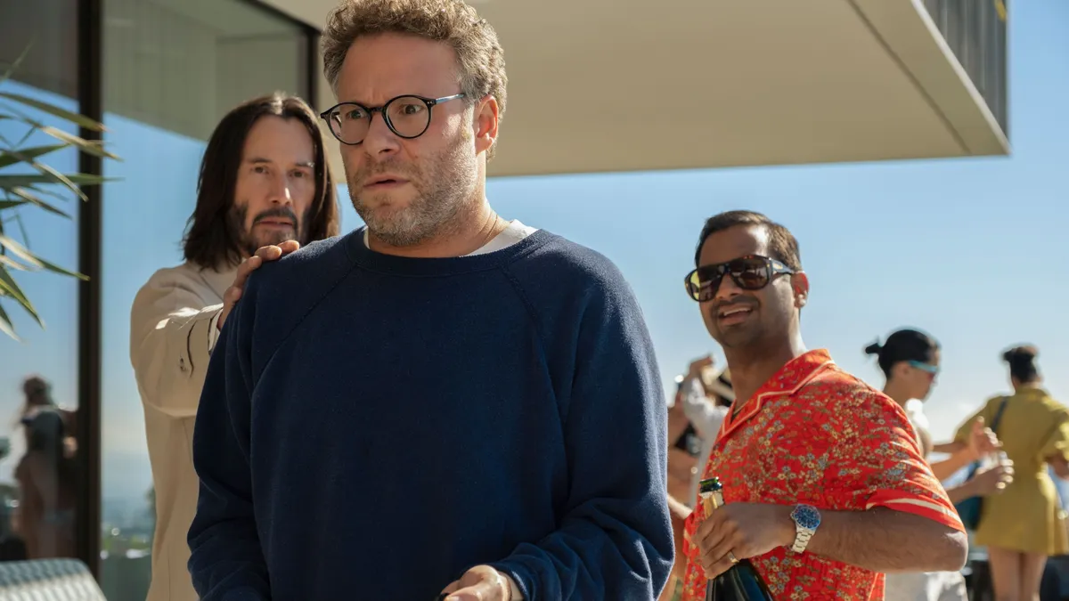 Keanu Reeves, Seth Rogen, Aziz Ansari, "Good Fortune" (2025),Image: 1026787553, License: Rights-managed, Restrictions: For Editorial Use Only, Model Release: no, Pictured: Keanu Reeves, Seth Rogen, Aziz Ansari