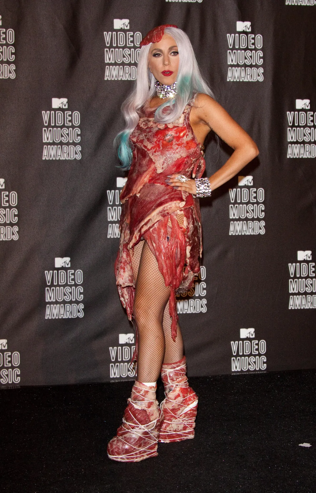 Sept. 13, 2010 - Los Angeles, California, U.S. - Singer LADY GAGA wears a dress made of meat in the press room of the 2010 MTV Video Music Awards at the Nokia Theatre. (Credit Image: © Hubert Boesl/DPA/ZUMApress.com)