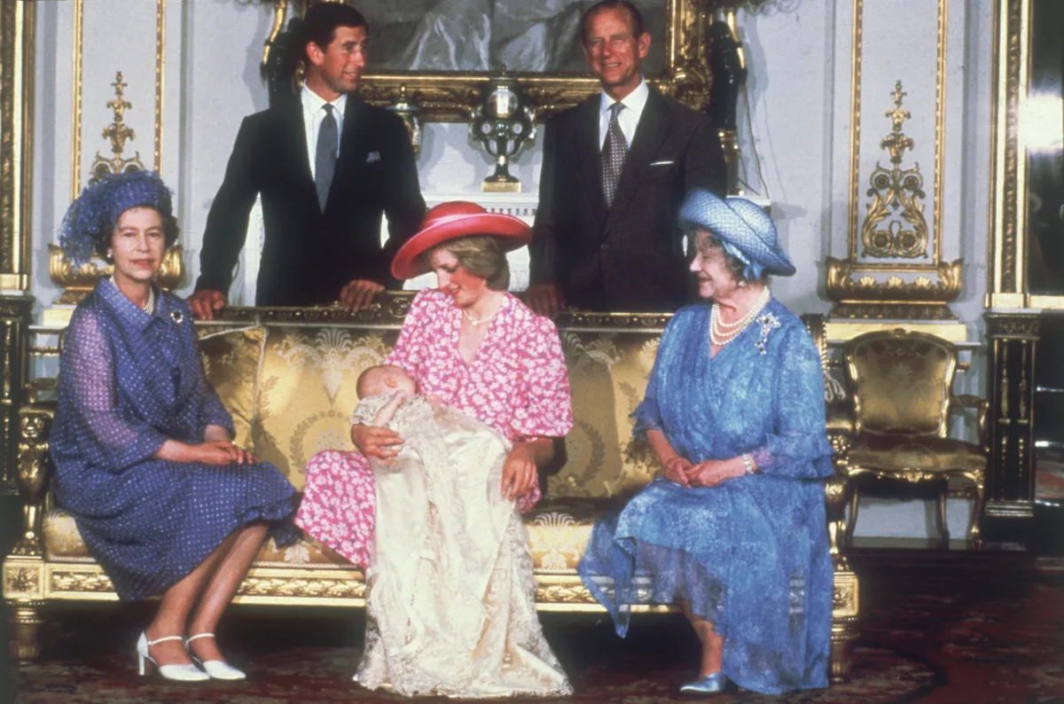 4th August 1982: Diana, Princess of Wales (1961 - 1997) holding her son Prince William with Charles, Prince of Wales (left), Prince Philip the Duke of Edinburgh, Queen Elizabeth II (left) and Queen Elizabeth the Queen Mother (1900 - 2002) at Buckingham Palalce after Prince William's christening ceremony. (Photo by Fox Photos/Getty Images)