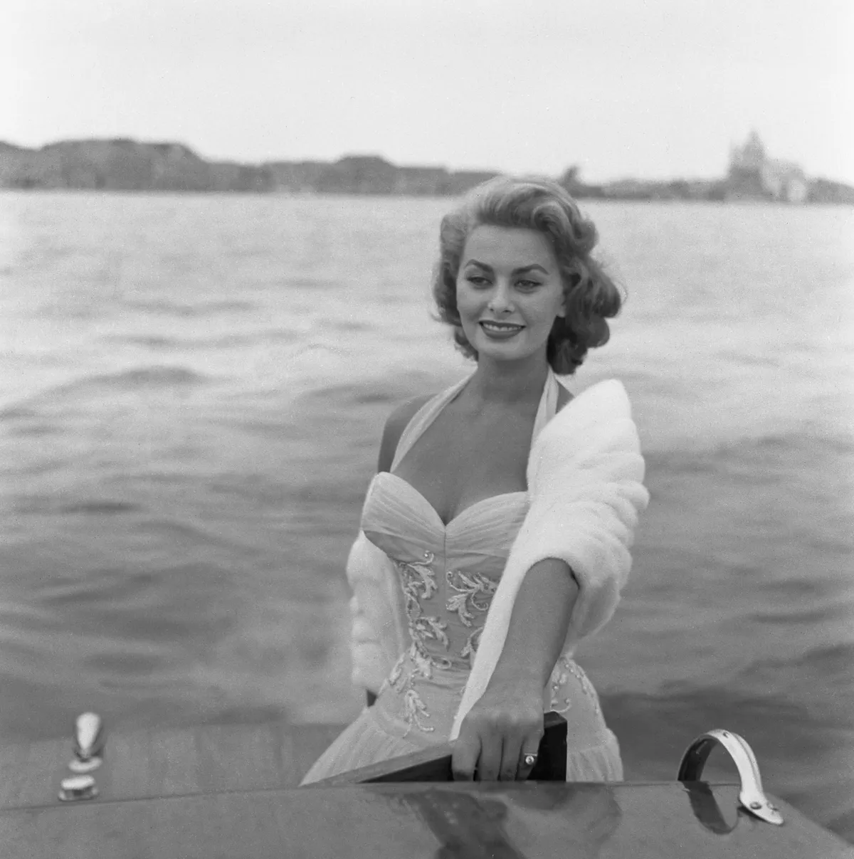 Italian actress Sophia Loren on a water taxi, on the Canal Grande, Venice, 1955. (Photo by Archivio Cameraphoto Epoche/Getty Images)