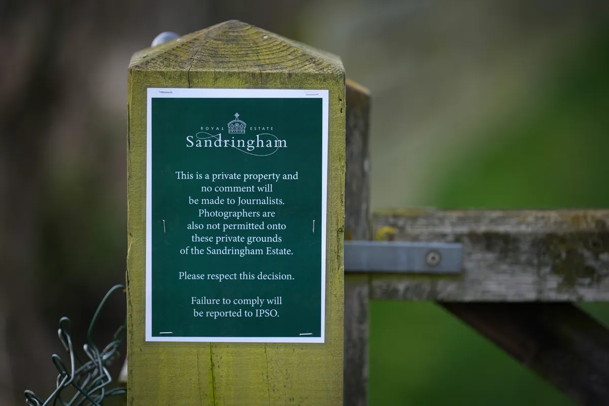 SANDRINGHAM, UNITED KINGDOM - FEBRUARY 22: A sign warning journalists on a property near Marsh Farm on the Sandringham estate, which Andrew Mountbatten-Windsor is rumoured to be moving into long-term, on February 23, 2026 in Sandringham, United Kingdom. Andrew Mountbatten-Windsor was arrested on February 19th on suspicion of misconduct in public office and subsequently released, following police investigation into the recently release Epstein files. (Photo by Christopher Furlong/Getty Images)