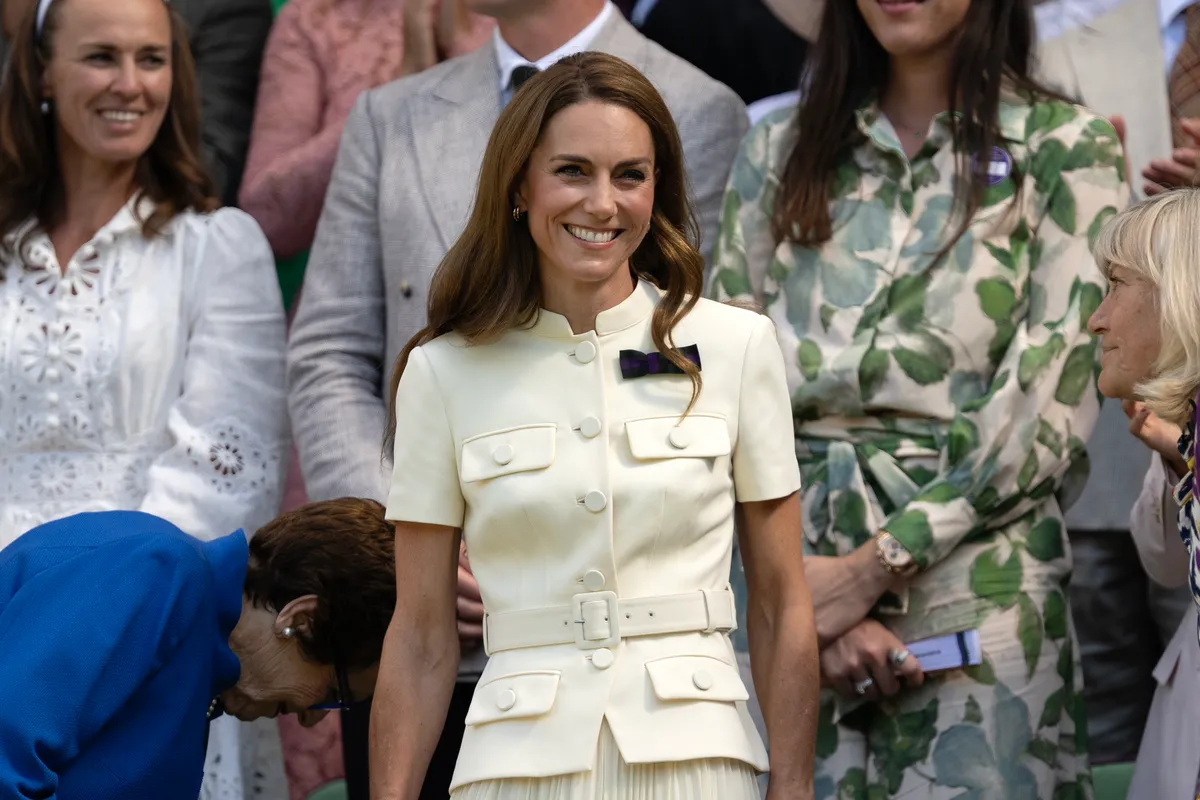 LONDON, ENGLAND - JULY 12: Catherine, Princess of Wales, smiles in the Royal Box prior to the the Ladies' Singles Final between Iga Swiatek of Poland and Amanda Anisimova of United States on day thirteen of The Championships Wimbledon 2025 at All England Lawn Tennis and Croquet Club on July 12, 2025 in London, England. (Photo by Visionhaus via Getty Images)