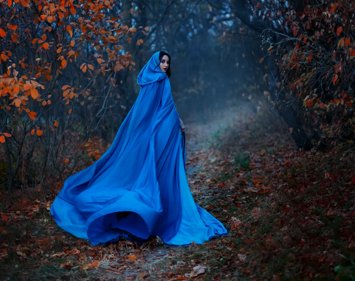 Gothic,Mysterious,Woman,Walks,In,Fantasy,Autumn,Forest.,Long,Silk