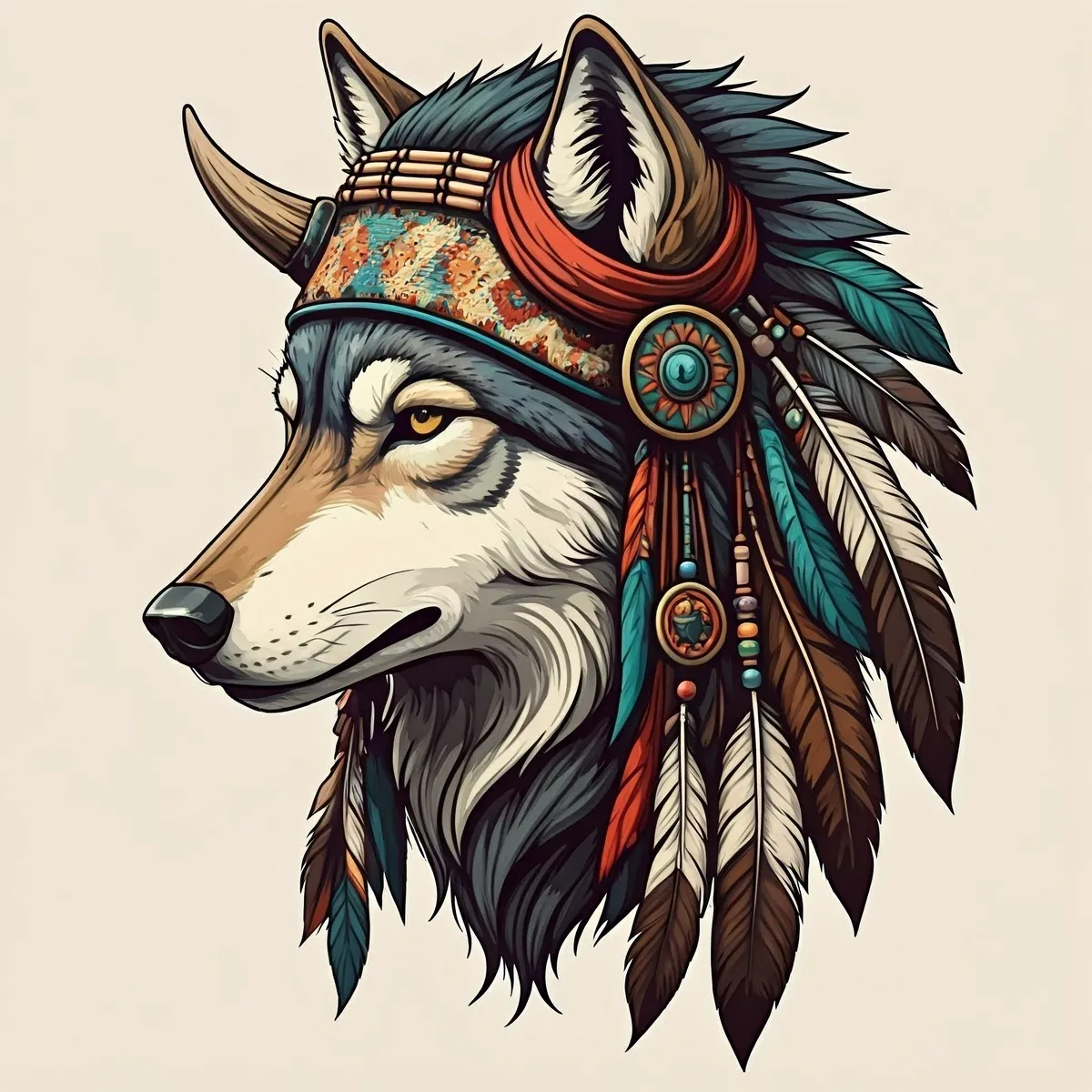 head profile of a wolf disguised as an indian with horns in a vector file