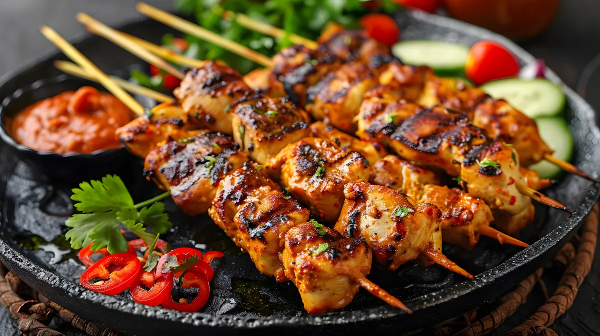 Close-up,Of,Succulent,Grilled,Chicken,Satay,Skewers,,Perfectly,Charred,And, csirkepác
