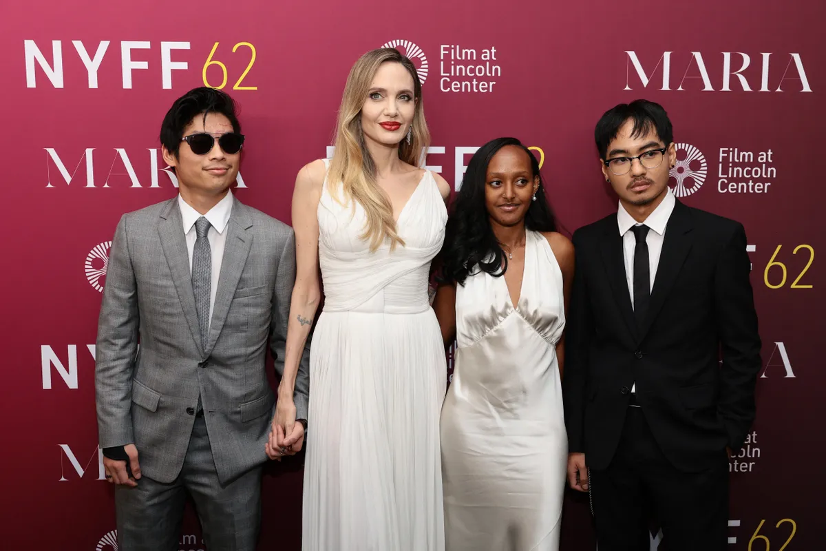 NEW YORK, NEW YORK - SEPTEMBER 29: (L-R) Pax Thien Jolie-Pitt, Angelina Jolie, Zahara Marley Jolie and Maddox Chivan Jolie-Pitt attend the "Maria" screening during the 62nd New York Film Festival at Alice Tully Hall, Lincoln Center on September 29, 2024 in New York City.   Dimitrios Kambouris/Getty Images for FLC/AFP (Photo by Dimitrios Kambouris / GETTY IMAGES NORTH AMERICA / Getty Images via AFP)