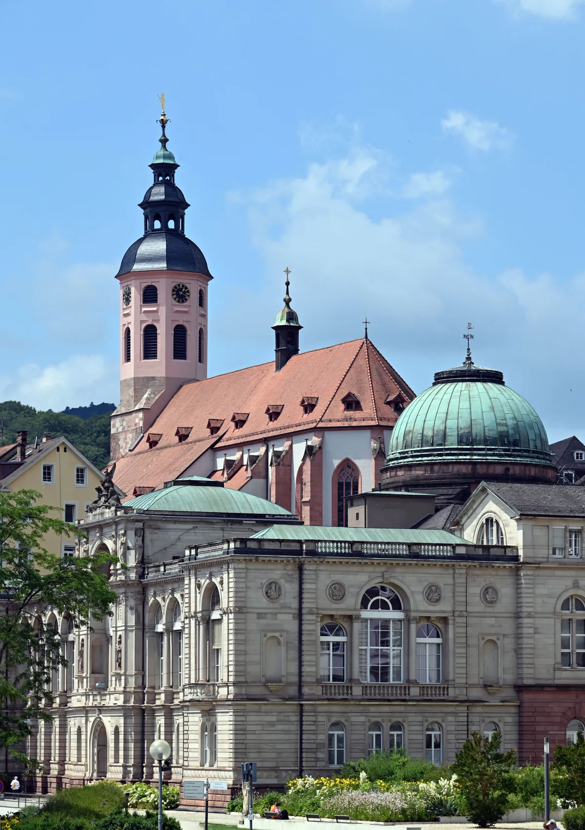 09 July 2021, Baden-Wuerttemberg, Baden-Baden: View of the Friedrichsbad Baden-Baden (in the foreground), in the background the Stiftskirche can be seen. From 16.07.2021 the 44th session of the Unesco World Heritage Committee will take place, at which the inclusion of cultural and natural sites in the World Heritage List will be discussed. The decision on Baden-Baden/"Great Spas of Europe" - the most important spa towns in Europe - will also be discussed. A decision is expected on 24.07.2021. Photo: Uli Deck/dpa (Photo by ULI DECK / dpa Picture-Alliance via AFP)