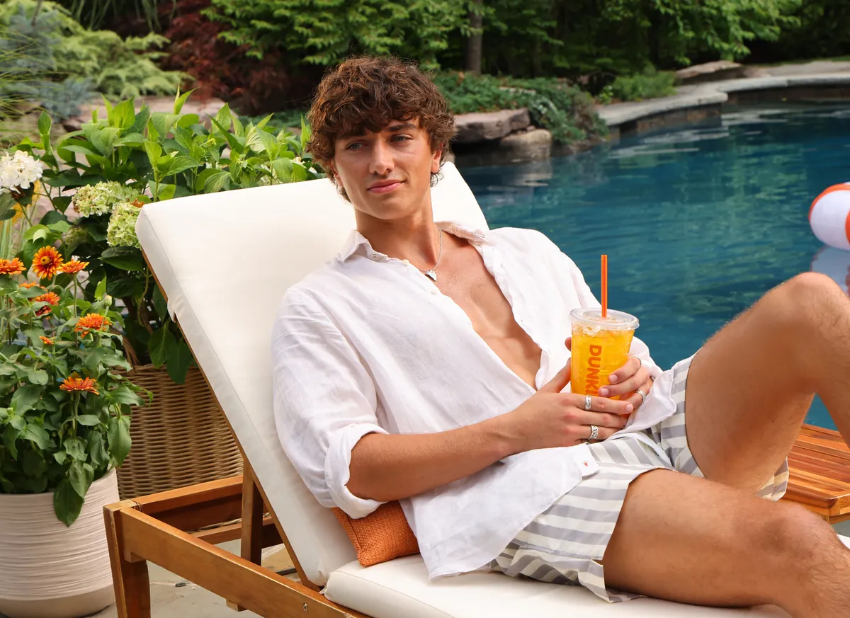 CALDWELL, NEW JERSEY: In this photo released on July 29, 2025, Gavin Casalegno shoots for DUNKIN’s Golden Hour Refresher, where he’s crowned “King of Summer,” (Photo by Sara Jaye/Getty Images for Dunkin')