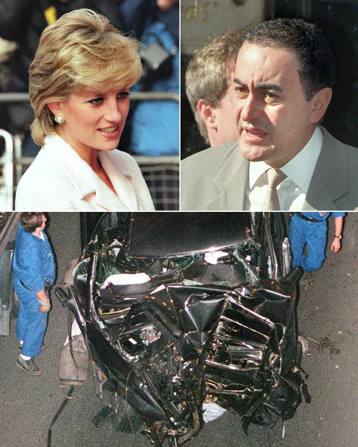 Diana hercegné, Dodi al-Fayed és az összetört autó, amiben utaztak.